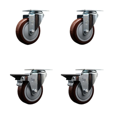 Service Caster 4'' Maroon Poly Wheel Swivel Top Plate Caster Set with 2 Posi Brakes, 4PK SCC-20S414-PPUB-MRN-2-PLB-2